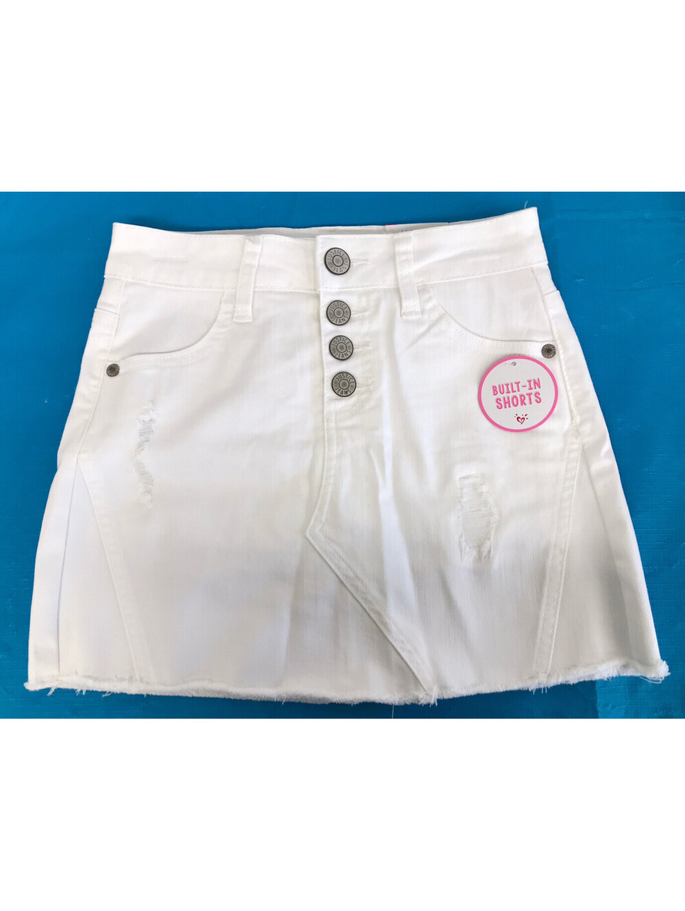 Justice Girls Skort. White with Snap Close. Distressed & Frayed Hem Size 8. NWT